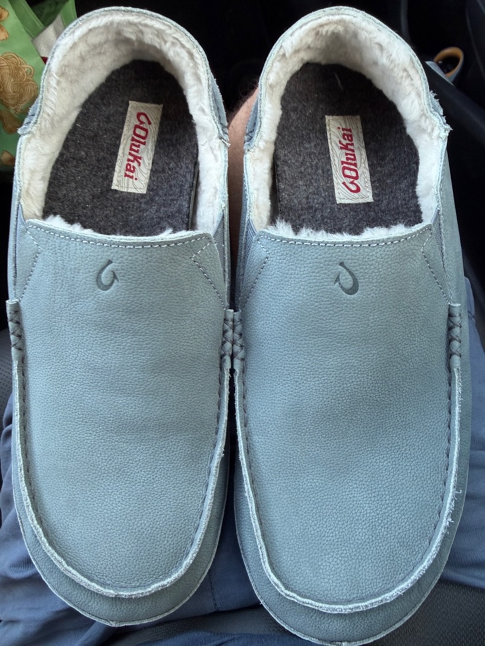 OluKai Men’s Light Gray Faux-Fur Lined Slip-On Loafers